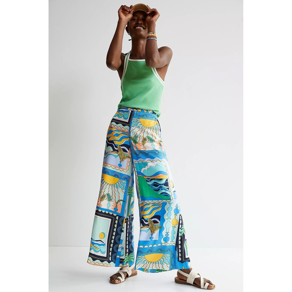 Maeve Anthropologie Sunshine Wide-Leg Pants Blue Tropical Scarf Print Size 4